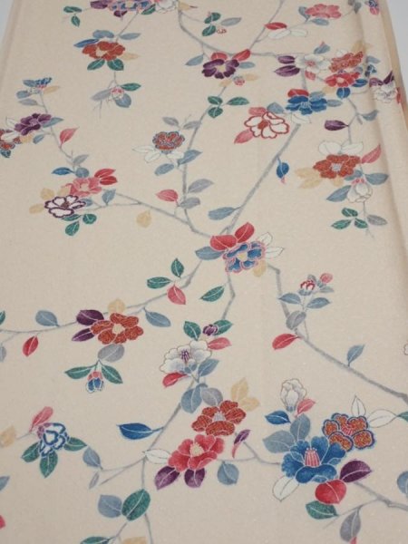 Photo1: 2H05z80  Japanese Kimono Silk  FABRIC Camellia Light cream 57.5x14.6 (1)