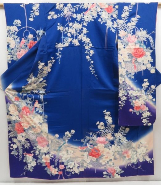 Photo1: 5006T02z1120 Vintage Japanese Kimono Silk FURISODE Peony Oriental blue (1)