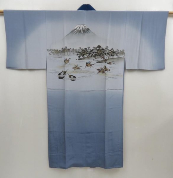 Photo1: 5006T06z410 Vintage Japanese Kimono Silk Men's JUBAN 一富士二鷹三茄子 (1)