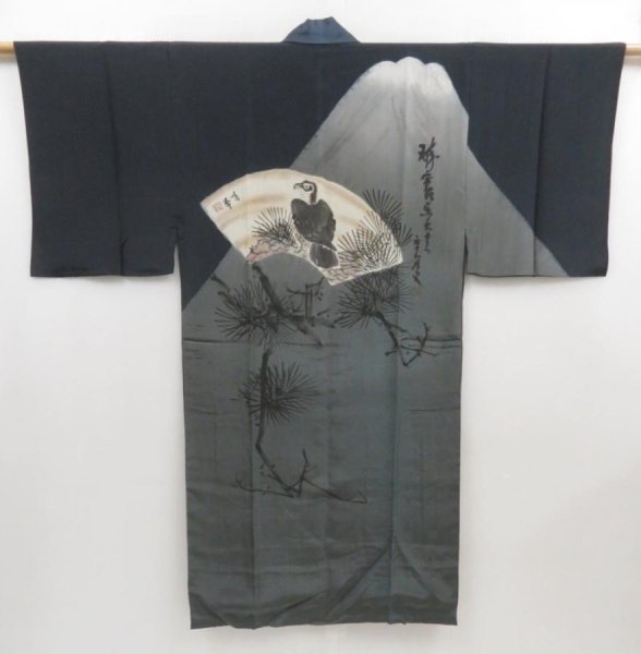 Photo1: 5006T08z380 Vintage Japanese Kimono Silk Men's JUBAN Mt.Fuji Black (1)