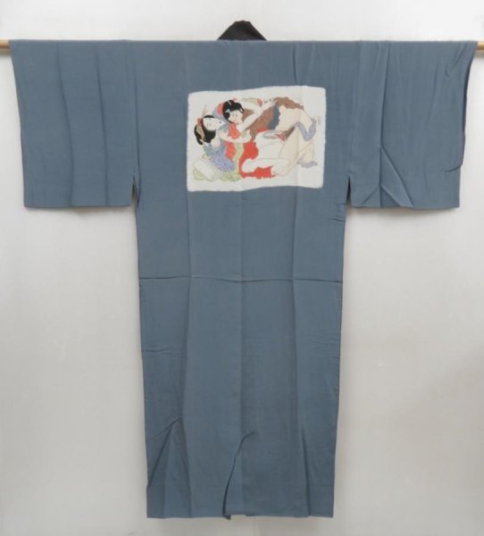 Photo1: 5006T09z540 Vintage Japanese Kimono Silk Men's JUBAN Shunga Blue-Gray (1)