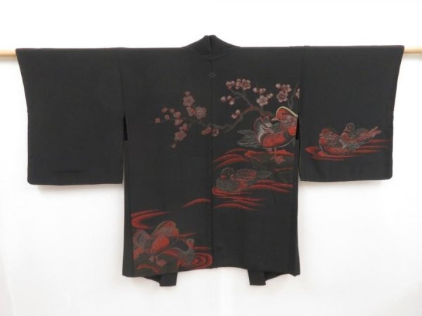 Photo1: 5012T03z570 Vintage Japanese Kimono Silk URUSHI HAORI Mandarin duck Black (1)