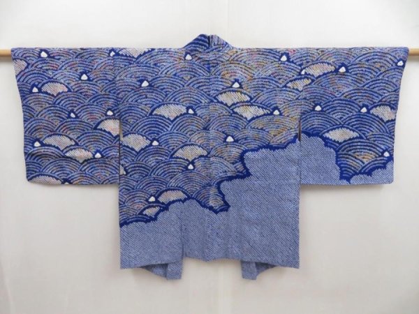 Photo1: 5012T06z480 Vintage Japanese Kimono Silk SHIBORI HAORI Seigaiha Oriental blue (1)