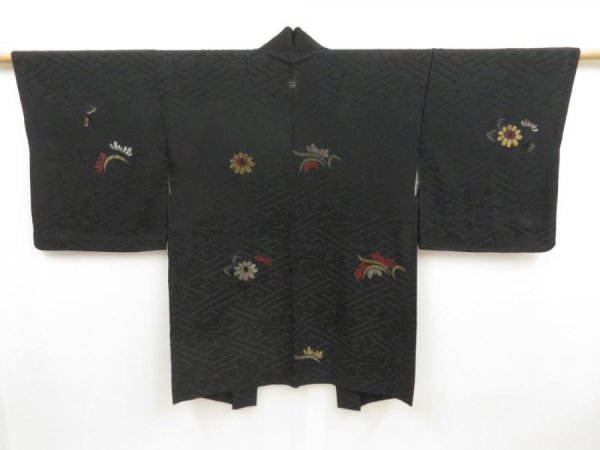 Photo1: 5012T07z470 Vintage Japanese Kimono Silk HAORI Flowers Black (1)