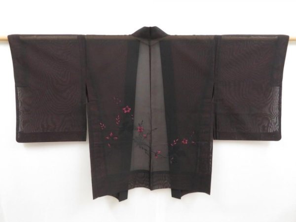 Photo1: 5012T11z230 Vintage Japanese Kimono Silk See through HAORI Flower Black (1)