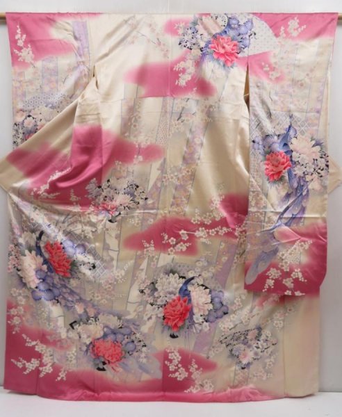 Photo1: 5012T13z1280 Vintage Japanese Kimono Silk FURISODE Peacock Dark pink (1)