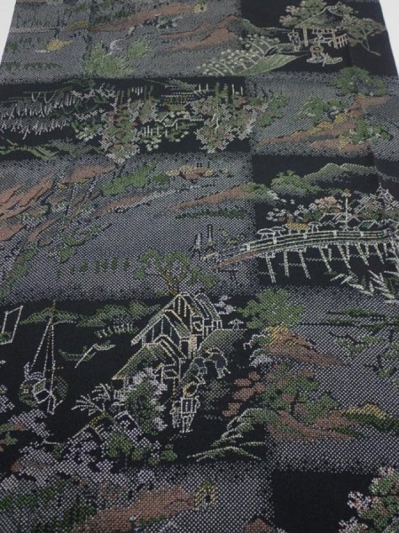 Photo1: 2D03z90  Japanese Kimono Silk  FABRIC Edo era Black 61.4x13.8 (1)