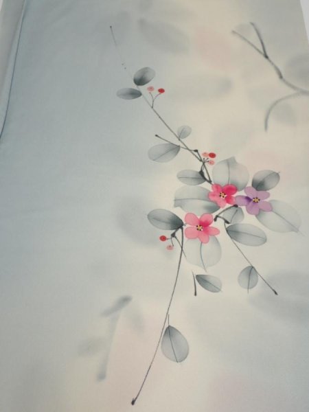 Photo1: 2D01z60  Japanese Kimono Silk  FABRIC Flower Dull light blue 42.5x14.2 (1)