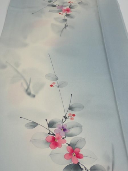 Photo1: 2D06z90  Japanese Kimono Silk  FABRIC Flower Dull light blue 66.1x14.2 (1)