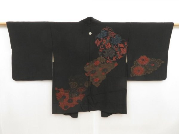 Photo1: 5013T04z490 Vintage Japanese Kimono Silk URUSHI HAORI Flowers Black (1)