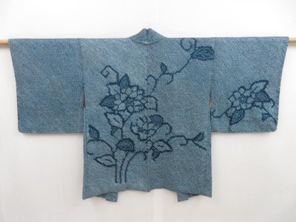 Photo1: 5013T07z440 Vintage Japanese Kimono Silk SHIBORI HAORI Dark cyan blue (1)