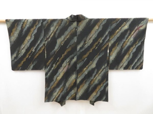 Photo1: 5013T08z680 Vintage Japanese Kimono Silk HAORI  Black (1)