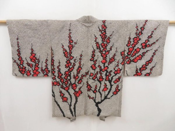 Photo1: 5013T09z740 Vintage Japanese Kimono Silk SHIBORI HAORI Plum tree Black (1)