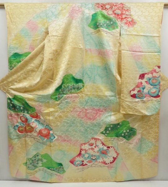 Photo1: 5013T13z810 Vintage Japanese Kimono Silk FURISODE Pine Light cream (1)