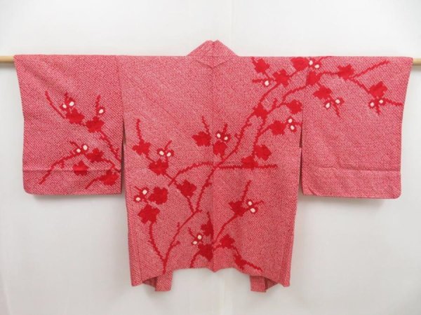 Photo1: 5014T08z440 Vintage Japanese Kimono Silk SHIBORI HAORI Plum branch Red (1)