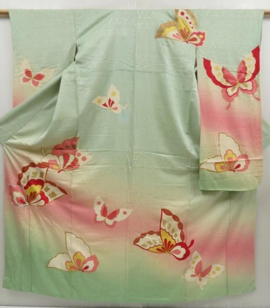 Photo1: 5014T11z790 Vintage Japanese Kimono Silk FURISODE Butterfly Pistachio green (1)