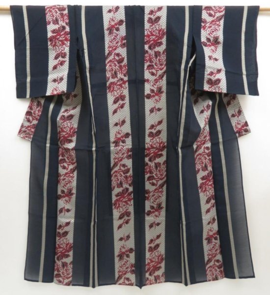 Photo1: 5018T04z440 Vintage Japanese Kimono Synthetic See throught KOMON Dark navy (1)