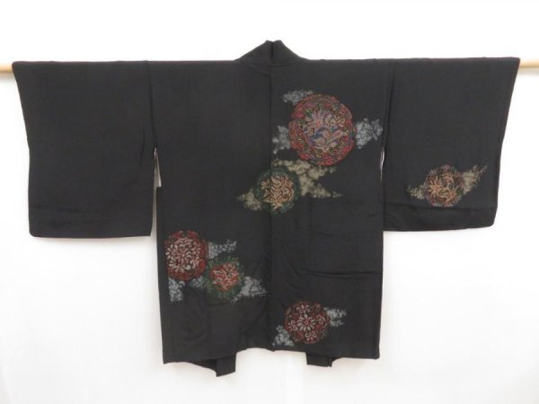 Photo1: 5018T06z460 Vintage Japanese Kimono Silk HAORI Flowers Black (1)