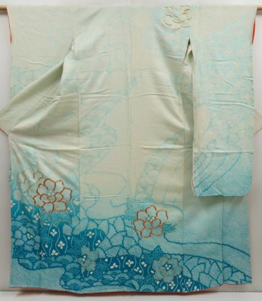 Photo1: 5018T07z1070 Vintage Japanese Kimono Silk SHIBORI FURISODE Flower Light blue (1)