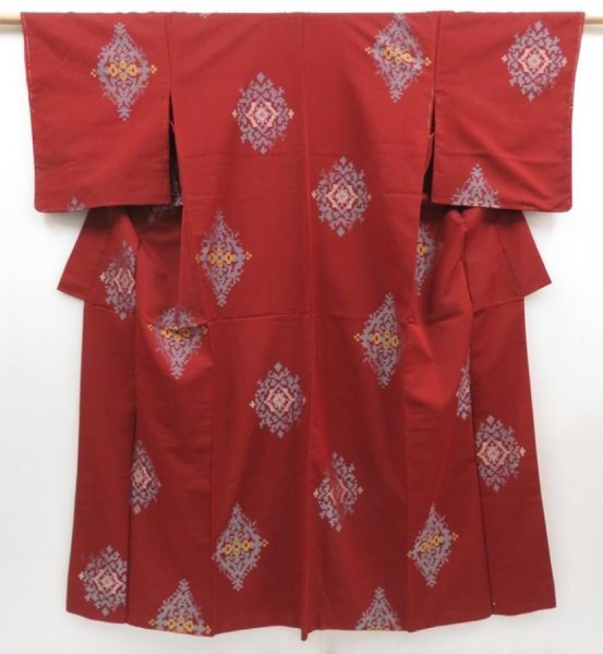 Photo1: 5018T11z750 Vintage Japanese Kimono Silk OMESHI KOMON  Red-Brown (1)