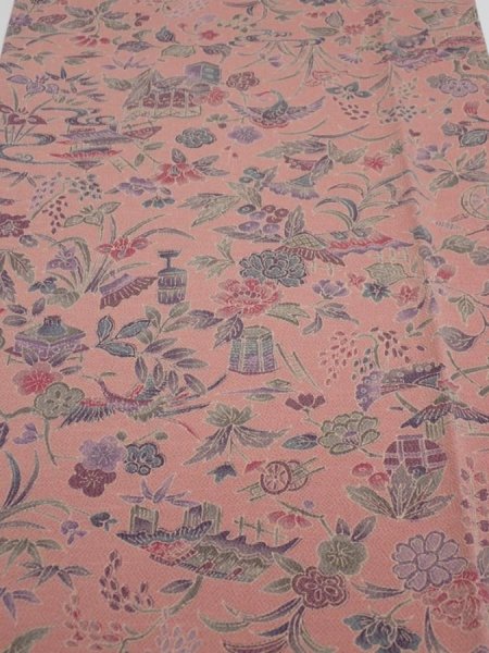 Photo1: 1S04z100  Japanese Kimono Crepe Silk  FABRIC Flowers Rosy brown 66.1x14.8 (1)