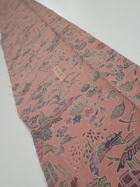 Photo1: 1S07z50  Japanese Kimono Crepe Silk  FABRIC Flowers Rosy brown 59.4x7.3 (1)