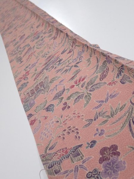 Photo1: 1S08z50  Japanese Kimono Crepe Silk  FABRIC Flowers Rosy brown 59.8x7.3 (1)