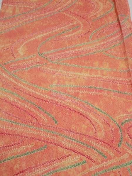 Photo1: 1S01z70  Japanese Kimono Silk  FABRIC Stream Coral-Orange 50.0x14.8 (1)