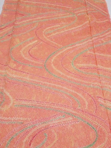 Photo1: 1S06z90  Japanese Kimono Silk  FABRIC Stream Coral-Orange 63.8x14.6 (1)