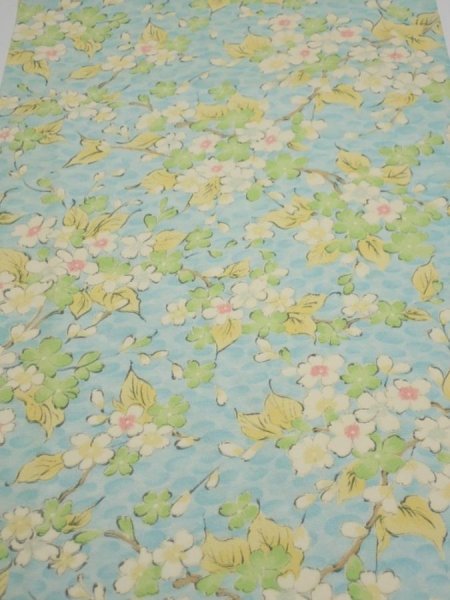 Photo1: 1S02z50  Japanese Kimono Silk  FABRIC Sakura branch Light blue 42.9x14.0 (1)