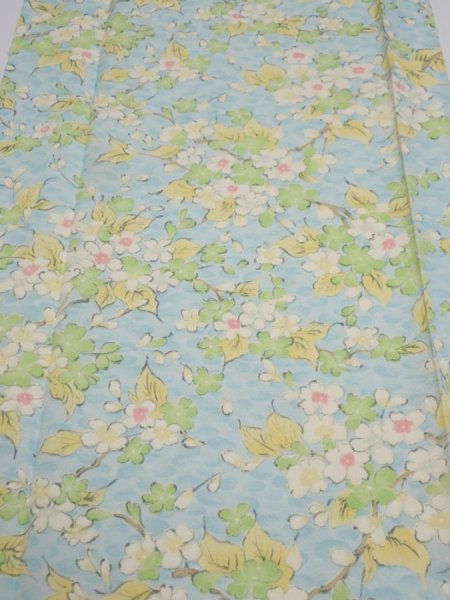 Photo1: 1S03z80  Japanese Kimono Silk  FABRIC Sakura branch Light blue 63.0x14.0 (1)