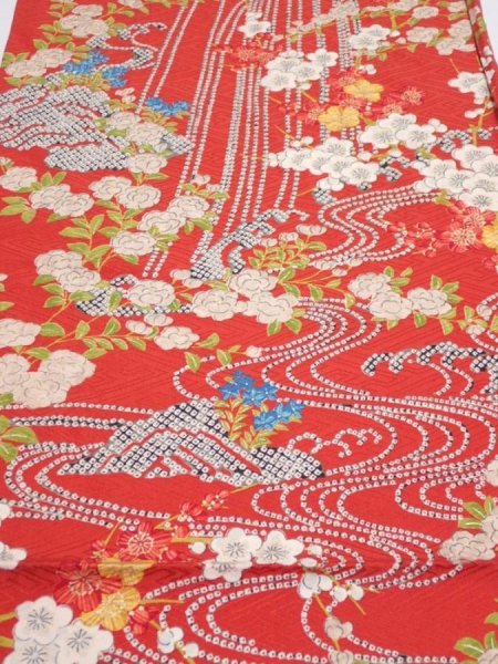 Photo1: 1W01z60  Japanese Kimono Silk  FABRIC Plum blossom Red 45.7x14.6 (1)