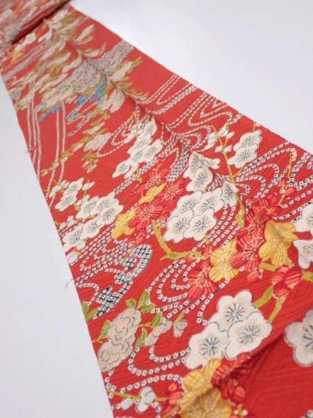 Photo1: 1W09z50  Japanese Kimono Silk  FABRIC Plum blossom Red 79.5x6.9 (1)