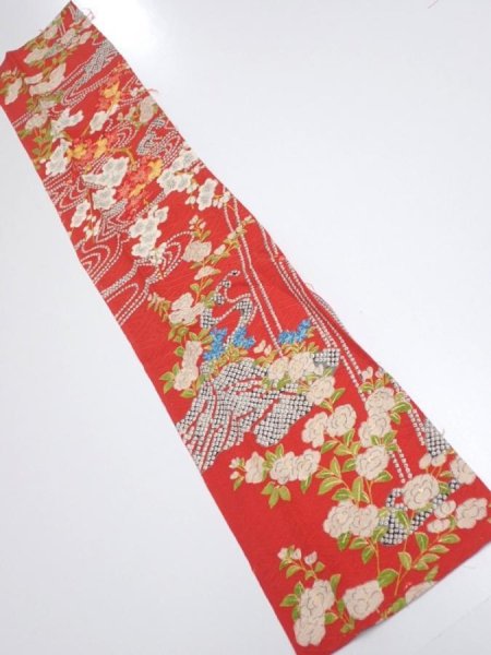 Photo1: 1W10z20  Japanese Kimono Silk  FABRIC Plum blossom Red 33.1x14.8 (1)