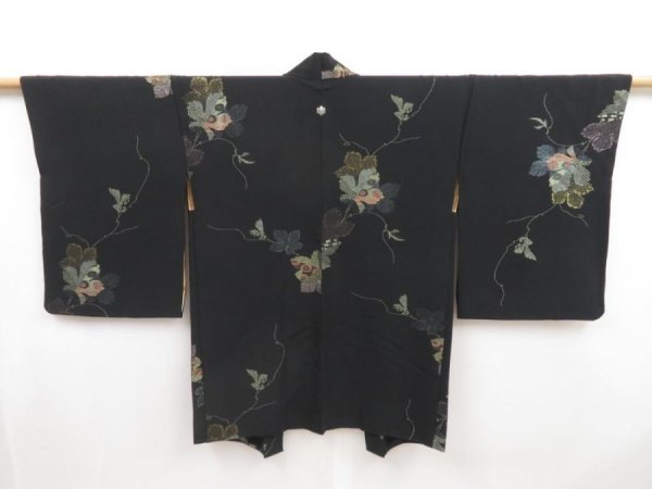 Photo1: 5019T05z710 Vintage Japanese Kimono Silk HAORI Leaves Black (1)