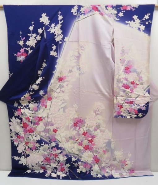 Photo1: 5019T08z1140  Japanese Kimono Silk FURISODE Plum blossom Dark lavender (1)