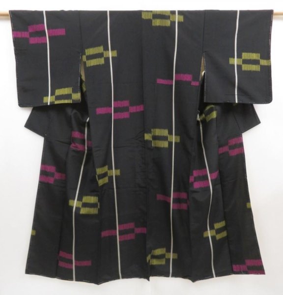 Photo1: 5019T09z570 Antique Japanese Kimono Silk TSUMUGI Kasuri Black (1)