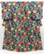 Photo1: 5019T11z990  Japanese Kimono Crepe Silk KOMON Flower Navy (1)