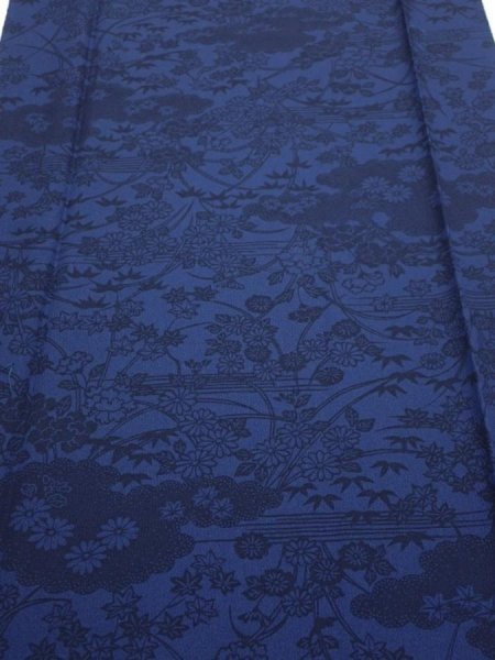 Photo1: 1U03z100  Japanese Kimono Crepe Silk  FABRIC Flowers Indigo 70.9x15.0 (1)