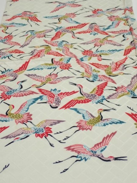 Photo1: 1U01z70  Japanese Kimono Silk  FABRIC Flying crane Mint-white 48.0x14.6 (1)