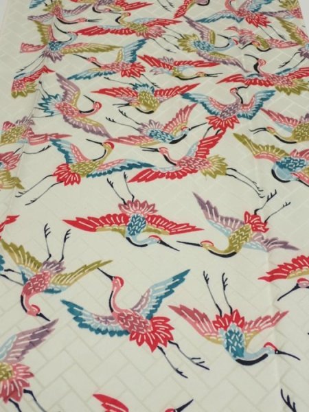 Photo1: 1U03z90  Japanese Kimono Silk  FABRIC Flying crane Mint-white 64.6x14.6 (1)