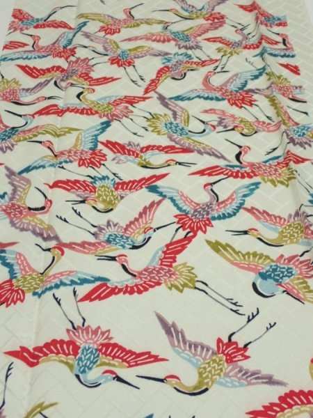 Photo1: 1U05z90  Japanese Kimono Silk  FABRIC Flying crane Mint-white 65.4x14.6 (1)