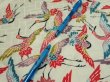 Photo7: 1U05z90  Japanese Kimono Silk  FABRIC Flying crane Mint-white 65.4x14.6 (7)