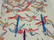 Photo6: 1U06z80  Japanese Kimono Silk  FABRIC Flying crane Mint-white 63.8x14.6 (6)