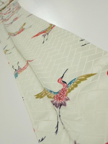 Photo1: 1U07z60  Japanese Kimono Silk  FABRIC Flying crane Mint-white 87.4x7.1 (1)