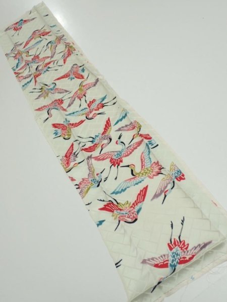 Photo1: 1U08z30  Japanese Kimono Silk  FABRIC Flying crane Mint-white 34.6x7.1 (1)