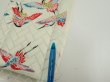 Photo5: 1U08z30  Japanese Kimono Silk  FABRIC Flying crane Mint-white 34.6x7.1 (5)