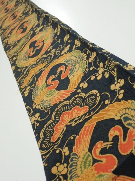 Photo1: 1U08z50  Japanese Kimono Crepe Silk  FABRIC Crane Dark navy 58.3x6.7 (1)