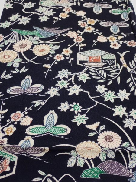 Photo1: 1U02z80  Japanese Kimono Crepe Silk  FABRIC Plum tree Navy-Black 41.7x14.4 (1)