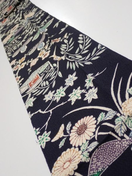 Photo1: 1U09z70  Japanese Kimono Crepe Silk  FABRIC Plum tree Navy-Black 78.7x6.9 (1)